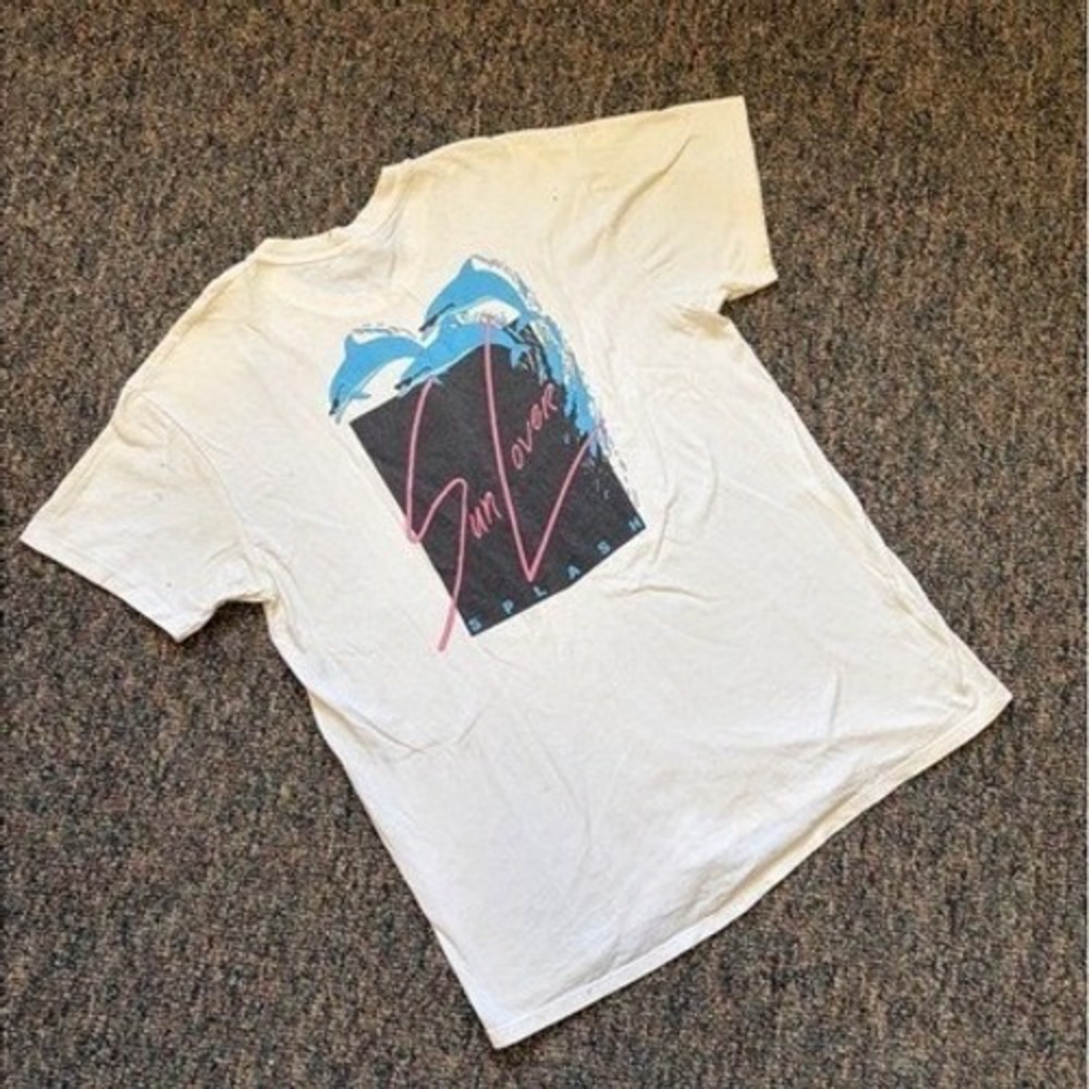 Vintage XL Stedman‎ Super Hi Cru White Sun Lover Dolphin Splash Shirt Made USA